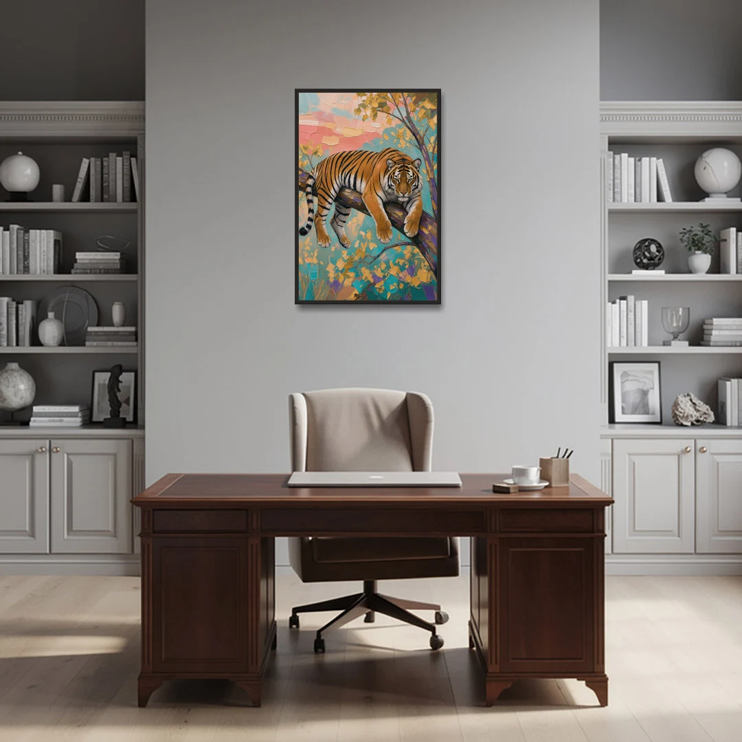 Tiger Draped on a Tree Branch - Black Framed Canvas Wall Art - Office - 24x36