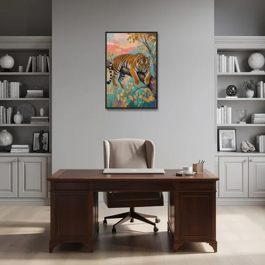 Tiger Draped on a Tree Branch - Black Framed Canvas Wall Art - Office - 24x36