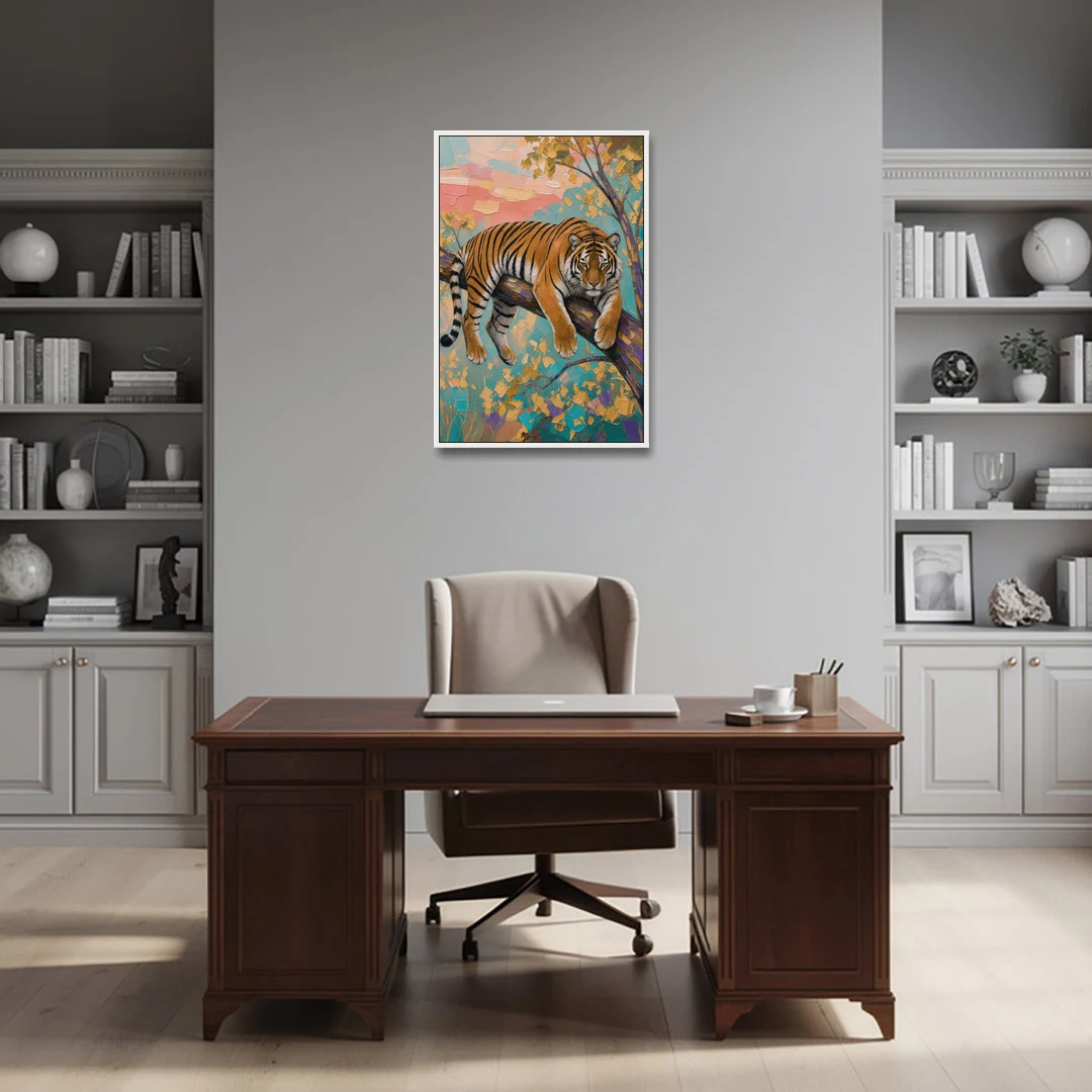 Tiger Draped on a Tree Branch - White Framed Canvas Wall Art - Office - 24x36