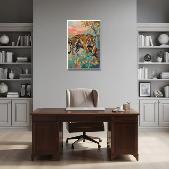 Tiger Draped on a Tree Branch - White Framed Canvas Wall Art - Office - 24x36
