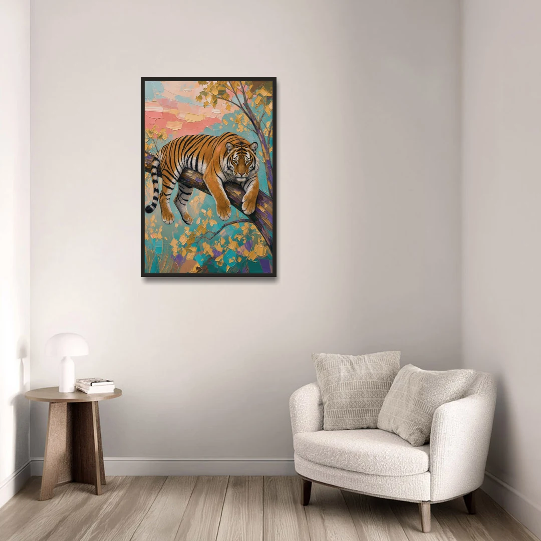 Tiger Draped on a Tree Branch - Black Framed Canvas Wall Art - Sofa - 24x36
