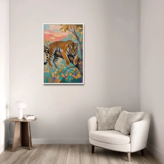 Tiger Draped on a Tree Branch - White Framed Canvas Wall Art - Sofa - 24x36