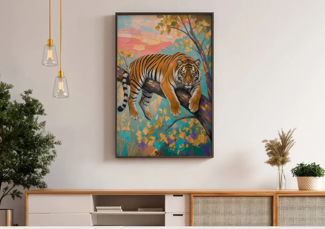 Tiger Draped on a Tree Branch canvas wall art above a wooden sideboard under pendant lights