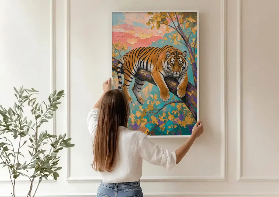 Tiger Draped on a Tree Branch canvas wall art being hung on a paneled wall