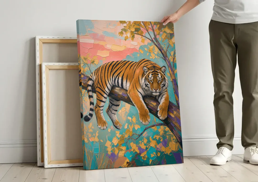 Tiger Draped on a Tree Branch canvas wall art leaning against a wall next to blank canvases