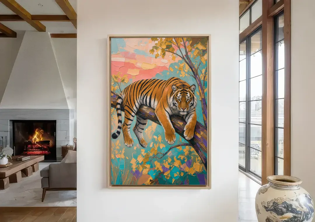 Tiger Draped on a Tree Branch canvas wall art in a living room with a fireplace
