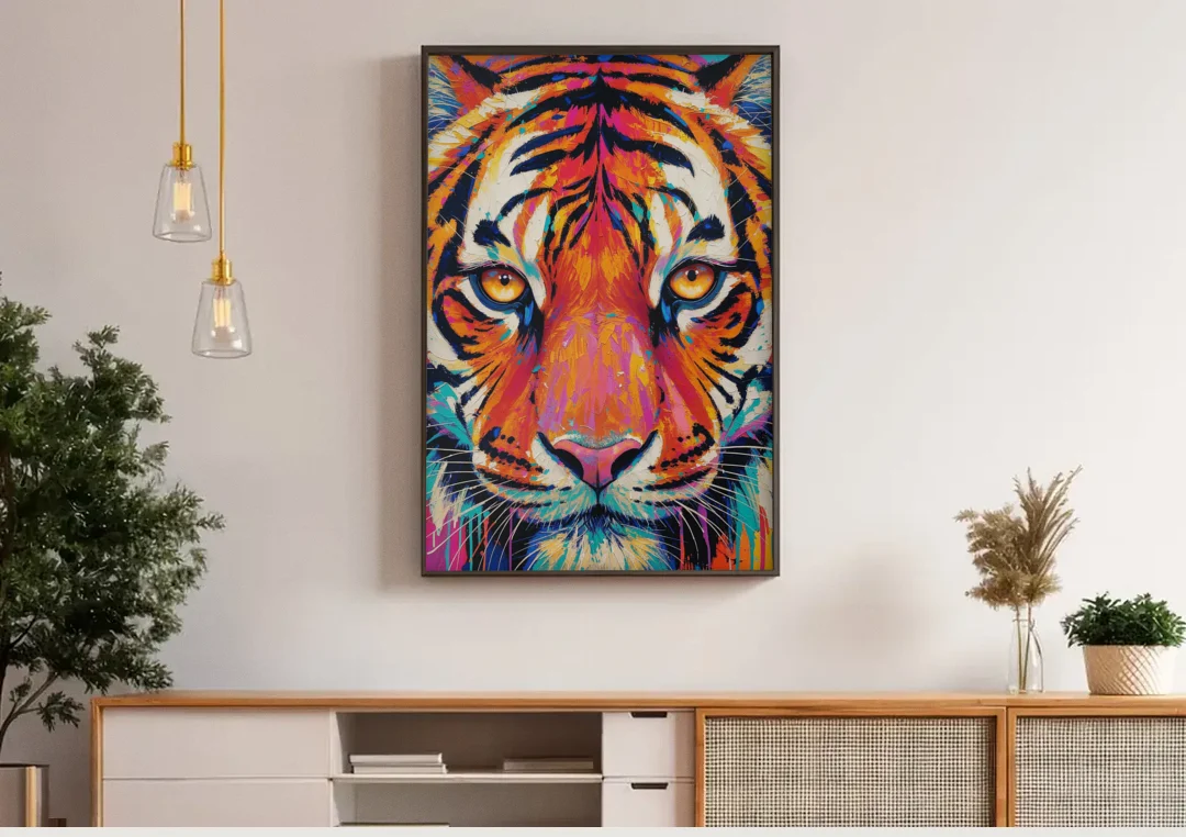 Tiger Eyes Painting in Electric Strokes canvas wall art above a wooden sideboard under pendant lights