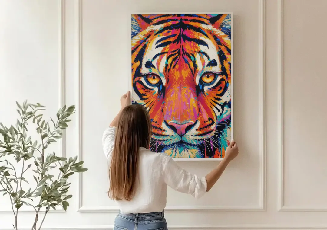 Tiger Eyes Painting in Electric Strokes canvas wall art being hung on a paneled wall