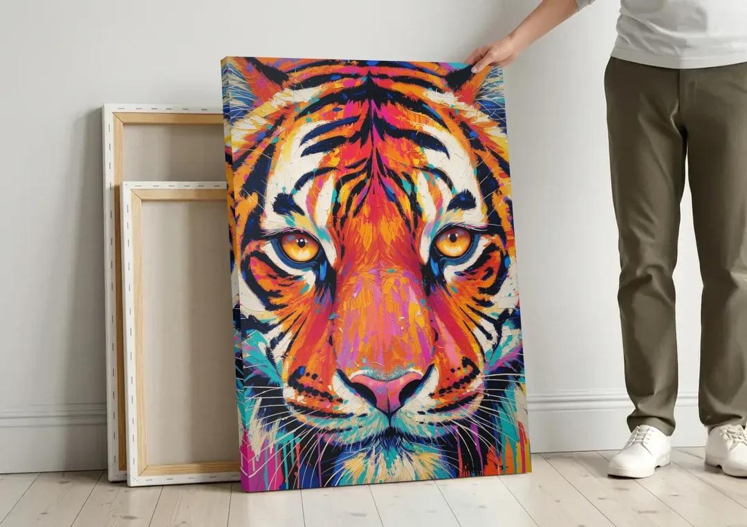Tiger Eyes Painting in Electric Strokes canvas wall art leaning against a wall next to blank canvases