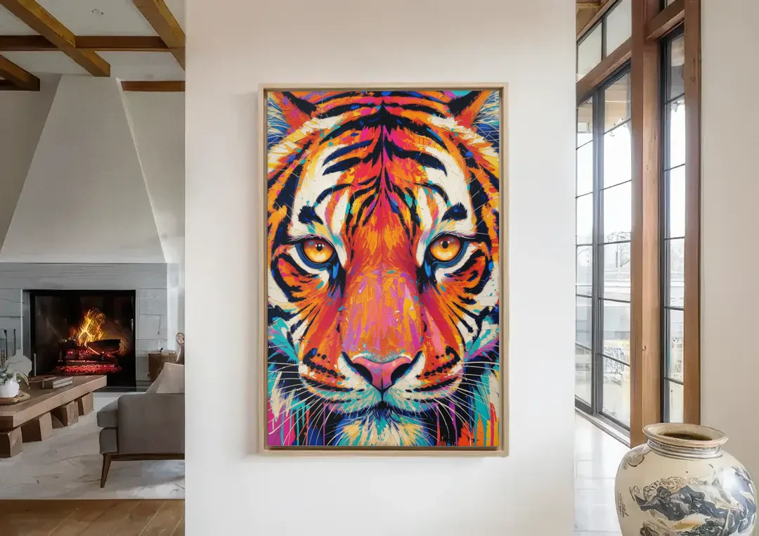 Tiger Eyes Painting in Electric Strokes canvas wall art in a living room with a fireplace
