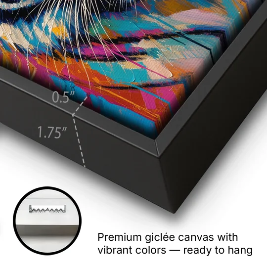 Tiger Face Canvas in Magenta and Teal - Black Framed Canvas Wall Art - Gallery Wrap Corner