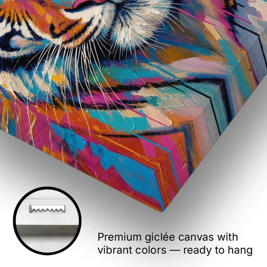 Tiger Face Canvas in Magenta and Teal - Canvas Wall Art - Gallery Wrap Corner