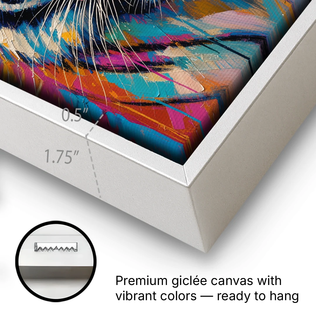 Tiger Face Canvas in Magenta and Teal - White Framed Canvas Wall Art - Gallery Wrap Corner