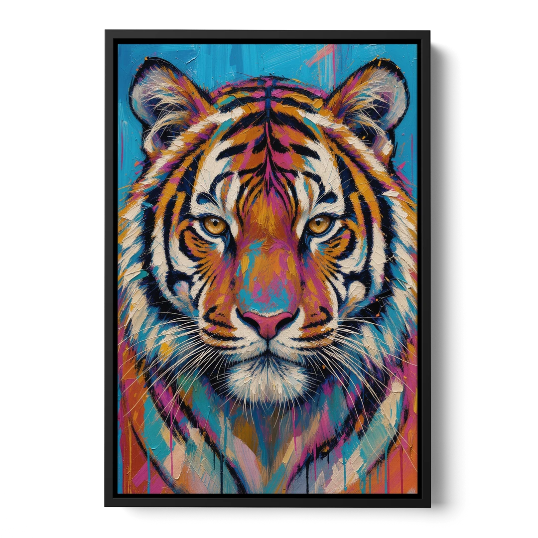 Tiger Face Canvas in Magenta and Teal - Black Framed Canvas Wall Art - Front