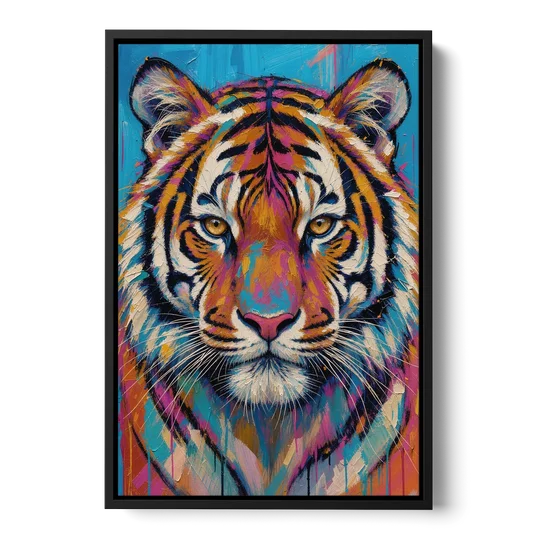 Tiger Face Canvas in Magenta and Teal - Black Framed Canvas Wall Art - Front