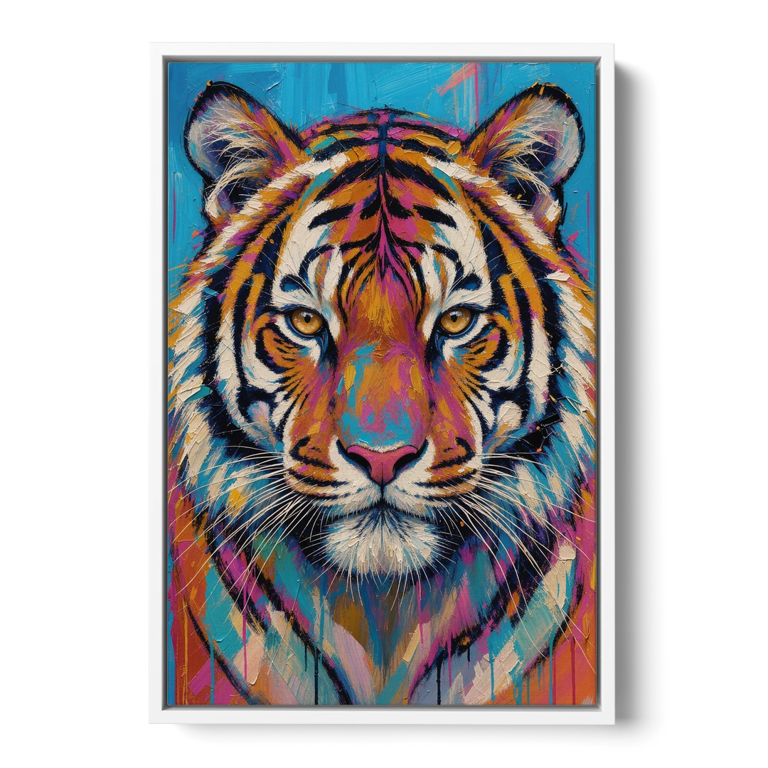 Tiger Face Canvas in Magenta and Teal - White Framed Canvas Wall Art - Front