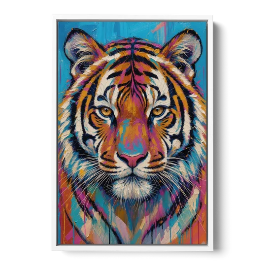 Tiger Face Canvas in Magenta and Teal - White Framed Canvas Wall Art - Front