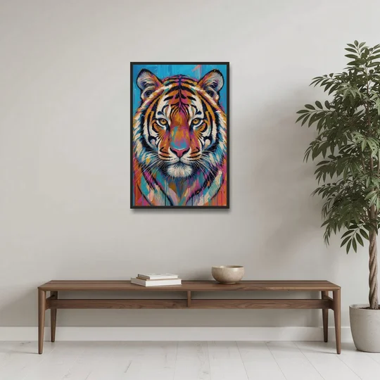 Tiger Face Canvas in Magenta and Teal - Black Framed Canvas Wall Art - Coffee Table - 24x36