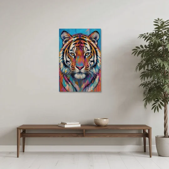 Tiger Face Canvas in Magenta and Teal - Canvas Wall Art - Coffee Table - 24x36