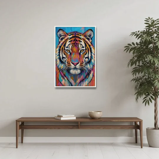 Tiger Face Canvas in Magenta and Teal - White Framed Canvas Wall Art - Coffee Table - 24x36