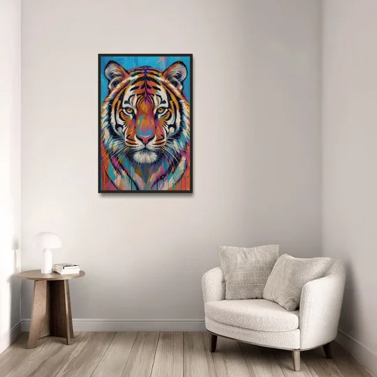 Tiger Face Canvas in Magenta and Teal - Black Framed Canvas Wall Art - Sofa - 24x36