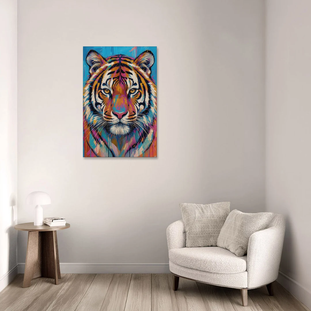 Tiger Face Canvas in Magenta and Teal - Canvas Wall Art - Sofa - 24x36