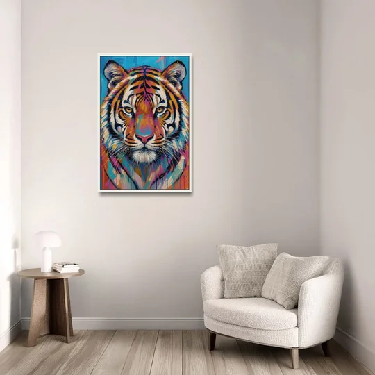 Tiger Face Canvas in Magenta and Teal - White Framed Canvas Wall Art - Sofa - 24x36