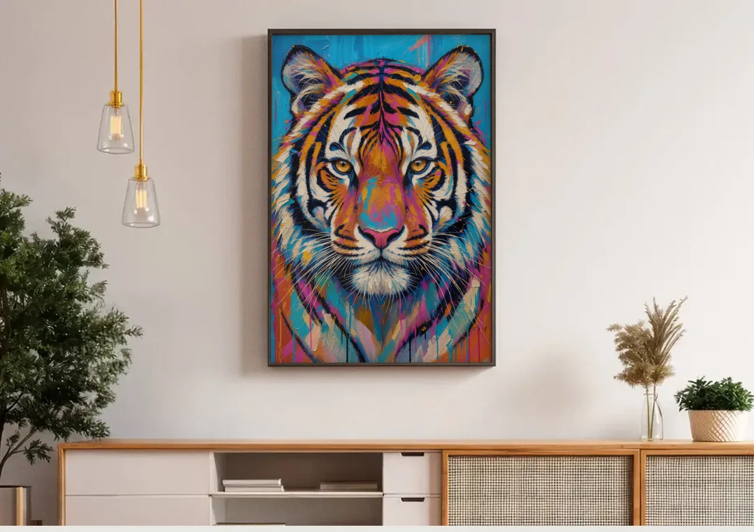 Tiger Face Canvas in Magenta and Teal canvas wall art above a wooden sideboard under pendant lights