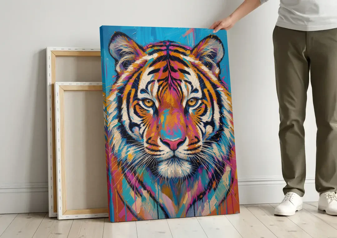 Tiger Face Canvas in Magenta and Teal canvas wall art leaning against a wall next to blank canvases