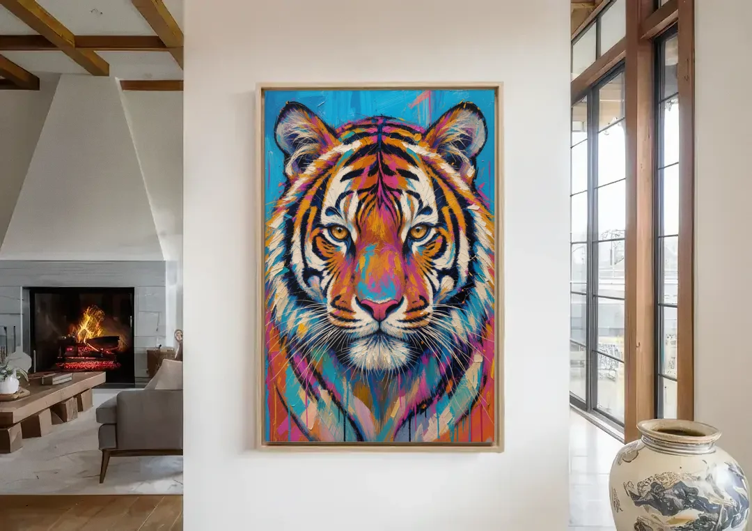 Tiger Face Canvas in Magenta and Teal canvas wall art in a living room with a fireplace