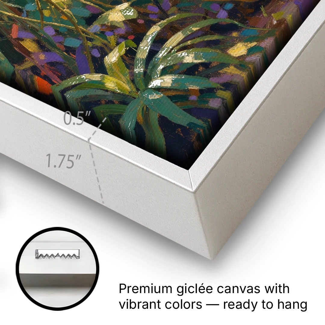 Tiger in Jungle Painting at Golden Hour - White Framed Canvas Wall Art - Gallery Wrap Corner
