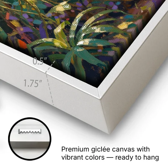 Tiger in Jungle Painting at Golden Hour - White Framed Canvas Wall Art - Gallery Wrap Corner