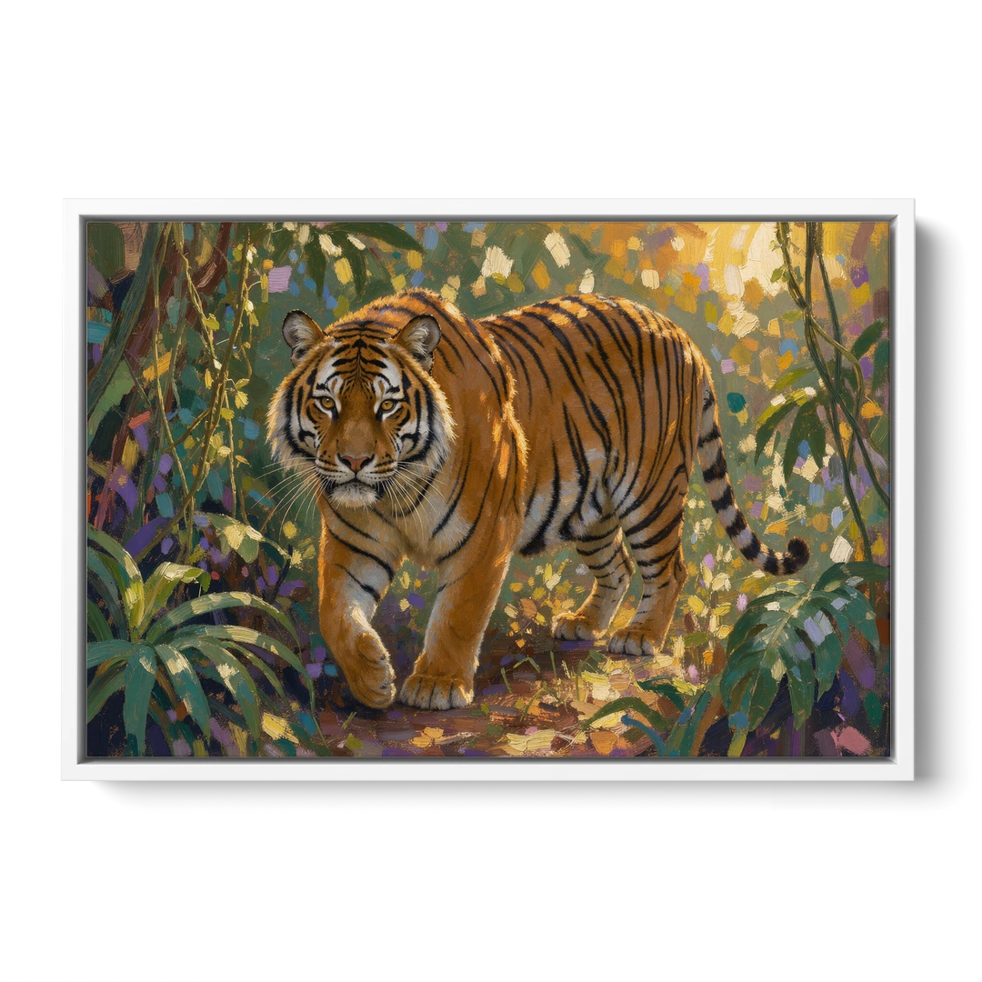 Tiger in Jungle Painting at Golden Hour - White Framed Canvas Wall Art - Front