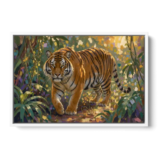 Tiger in Jungle Painting at Golden Hour - White Framed Canvas Wall Art - Front