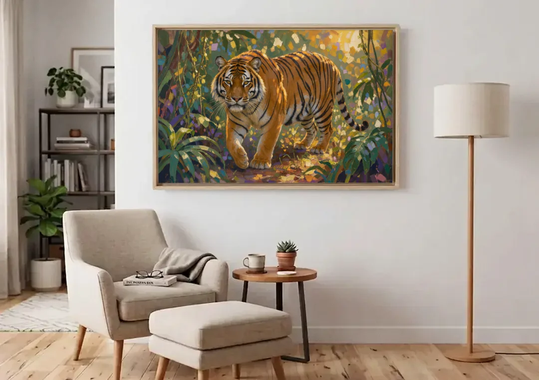Tiger in Jungle Painting at Golden Hour canvas wall art above an armchair in a bright living room