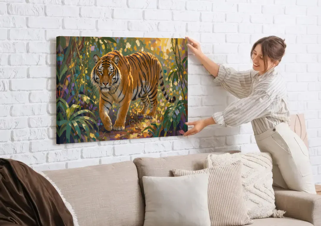 Tiger in Jungle Painting at Golden Hour canvas wall art being hung on a white brick wall above a sofa