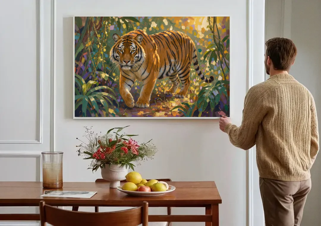 Tiger in Jungle Painting at Golden Hour canvas wall art above a dining table