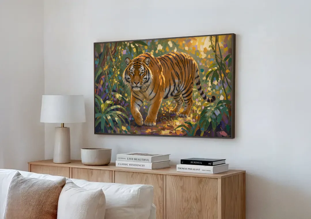 Tiger in Jungle Painting at Golden Hour canvas wall art above a wooden sideboard next to a sofa