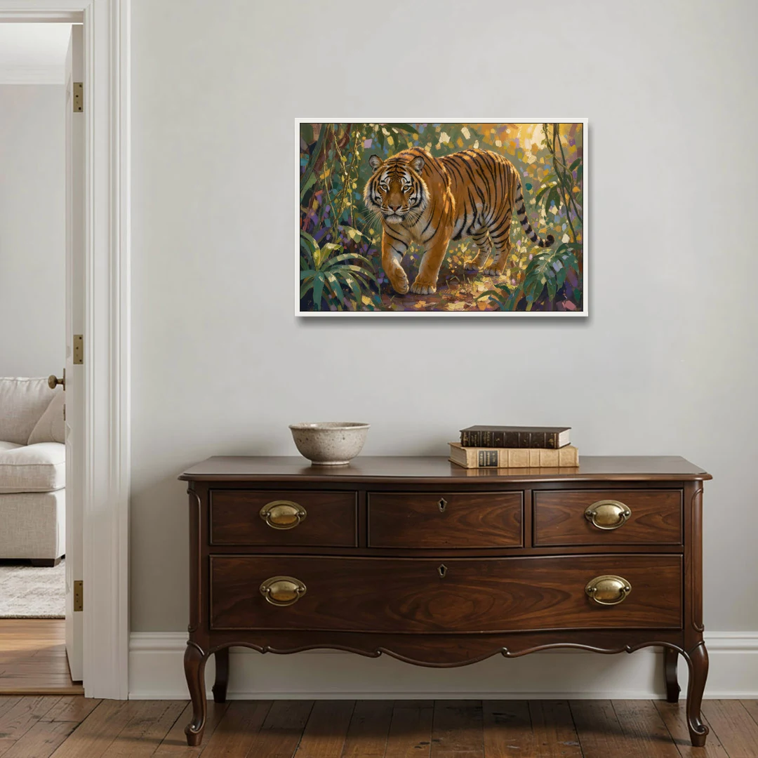 Tiger in Jungle Painting at Golden Hour - White Framed Canvas Wall Art - Coffee Table - 36x24