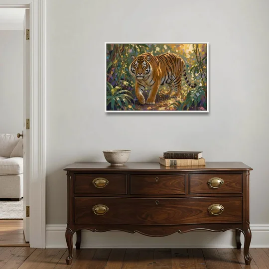 Tiger in Jungle Painting at Golden Hour - White Framed Canvas Wall Art - Coffee Table - 36x24