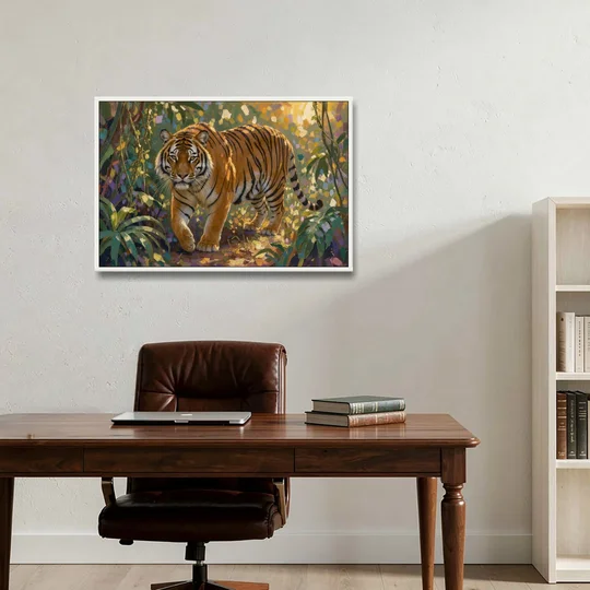Tiger in Jungle Painting at Golden Hour - White Framed Canvas Wall Art - Office - 36x24