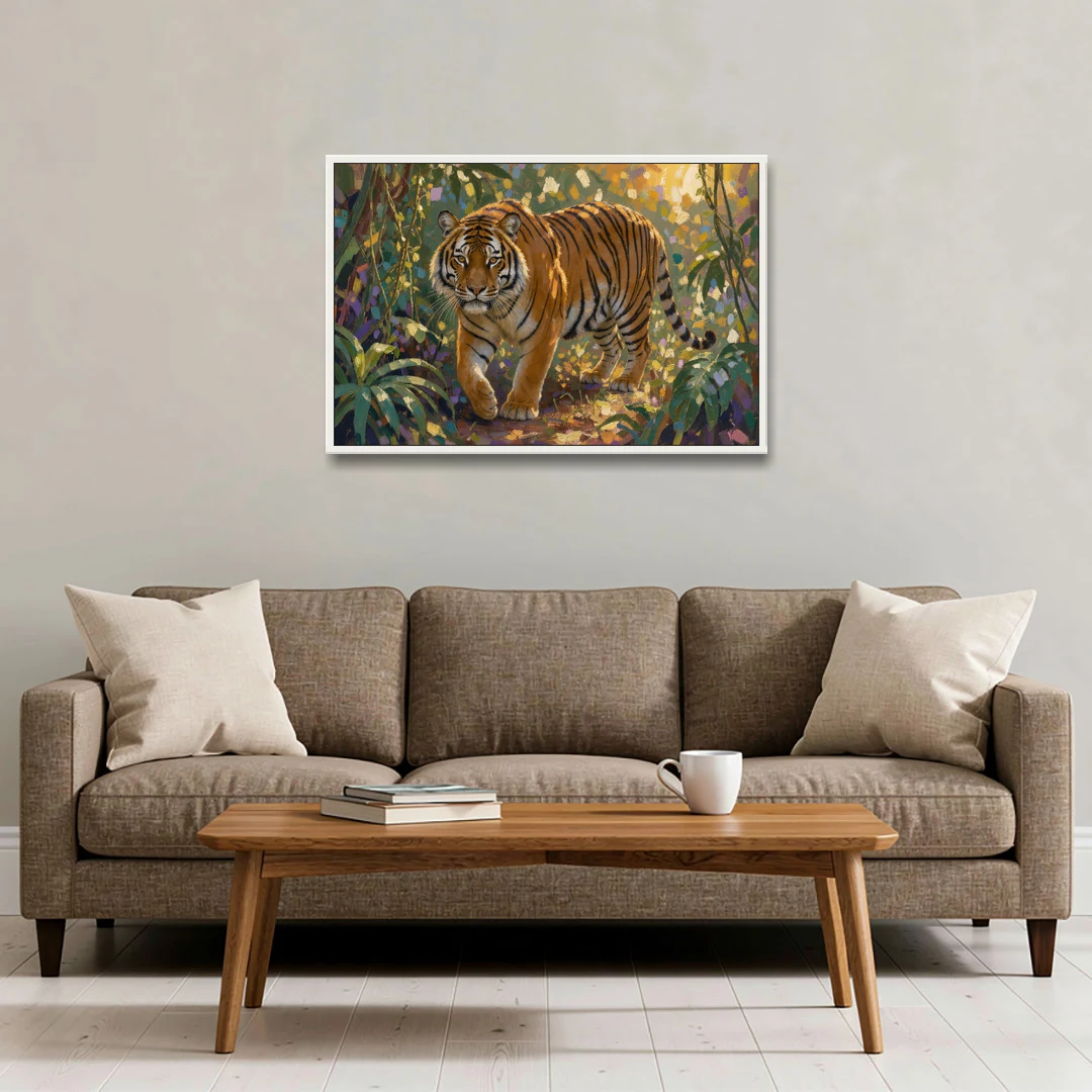 Tiger in Jungle Painting at Golden Hour - White Framed Canvas Wall Art - Sofa - 36x24