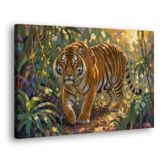 Tiger in Jungle Painting at Golden Hour - Canvas Wall Art - Side