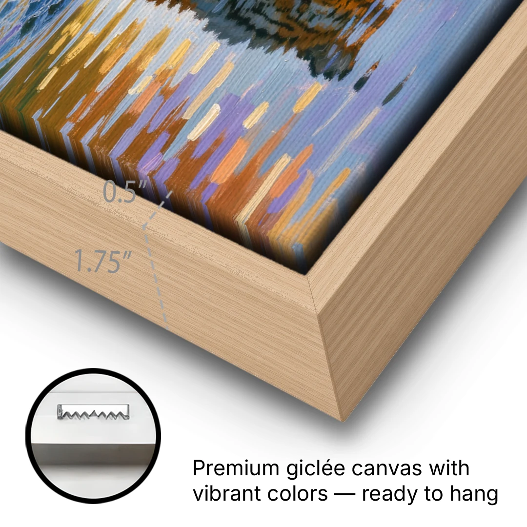 Tiger in Water Painting With Broken Reflection - Oak Framed Canvas Wall Art - Gallery Wrap Corner