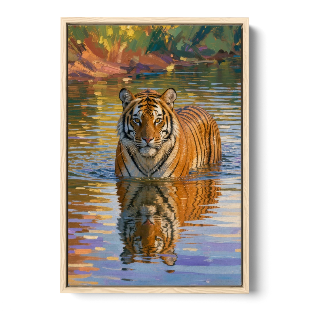 Tiger in Water Painting With Broken Reflection - Oak Framed Canvas Wall Art - Front