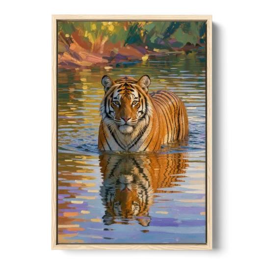 Tiger in Water Painting With Broken Reflection - Oak Framed Canvas Wall Art - Front