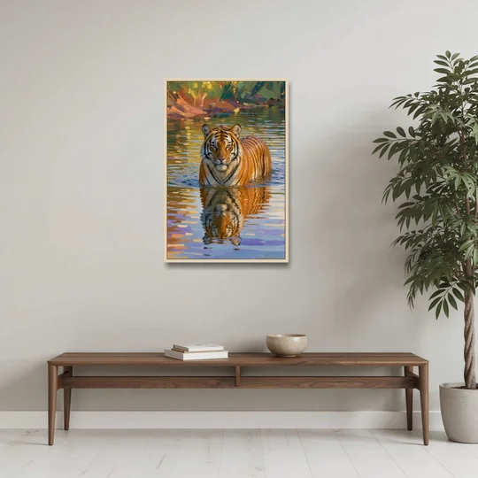 Tiger in Water Painting With Broken Reflection - Oak Framed Canvas Wall Art - Coffee Table - 24x36