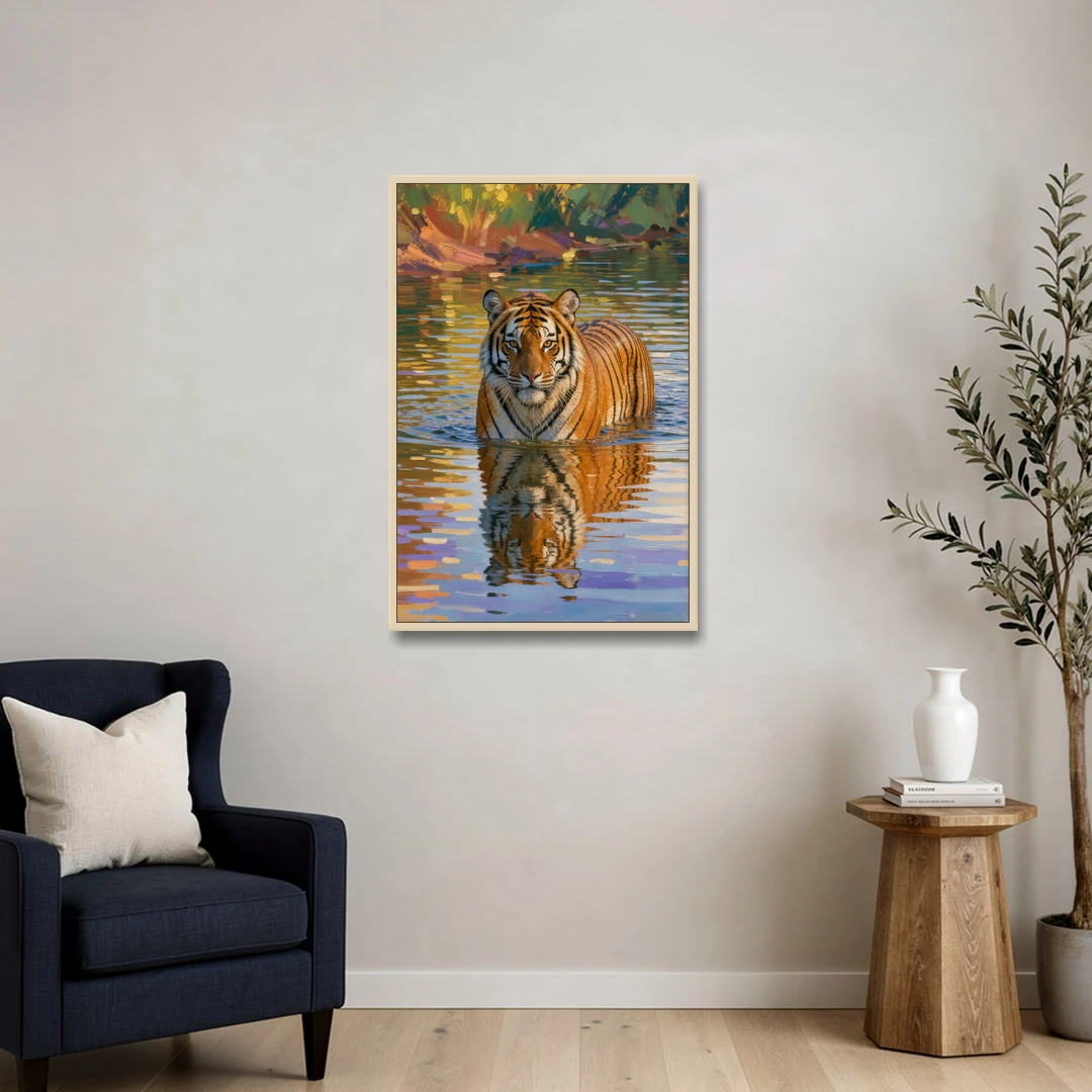 Tiger in Water Painting With Broken Reflection - Oak Framed Canvas Wall Art - Sofa - 24x36