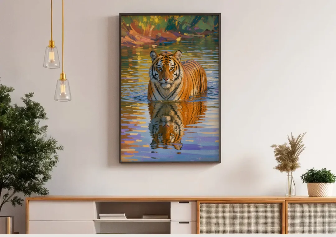 Tiger in Water Painting With Broken Reflection canvas wall art above a wooden sideboard under pendant lights