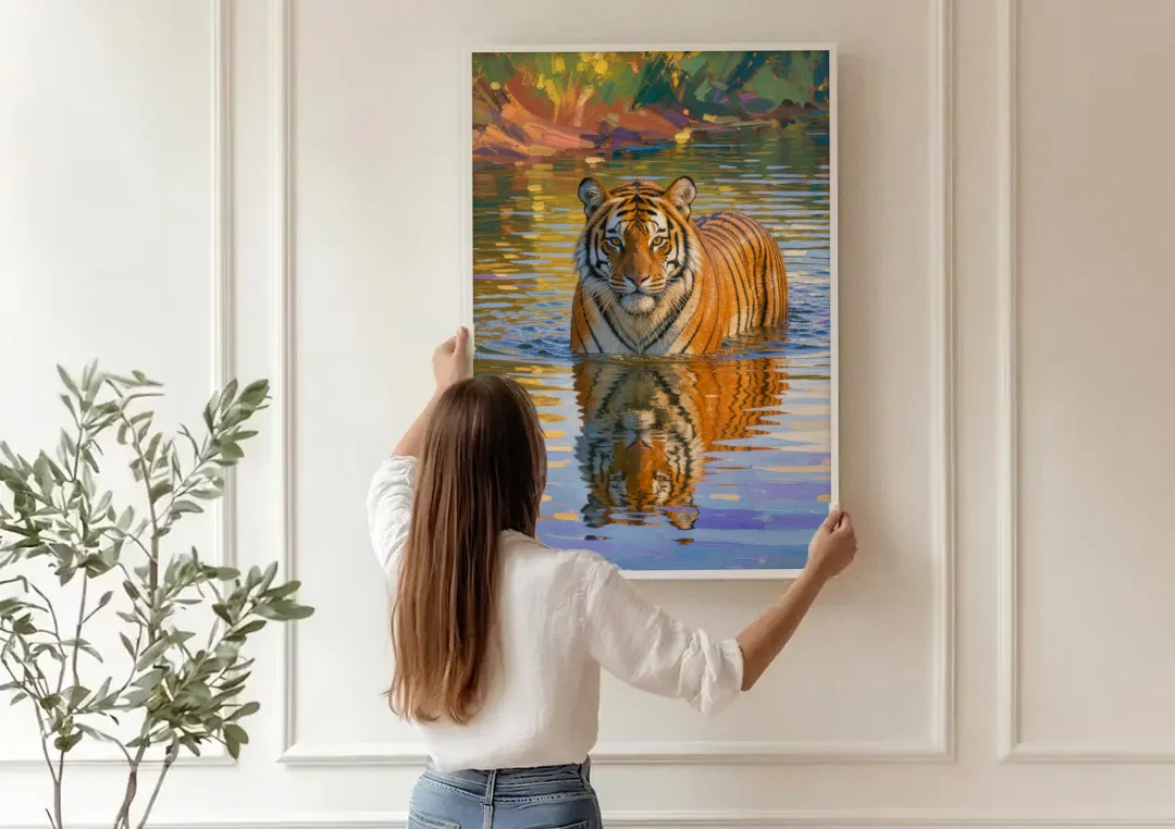Tiger in Water Painting With Broken Reflection canvas wall art being hung on a paneled wall